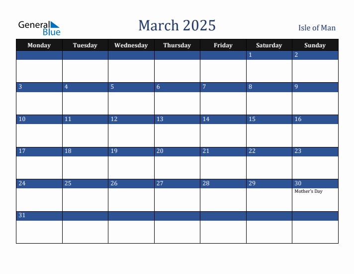 March 2025 Isle of Man Calendar (Monday Start)