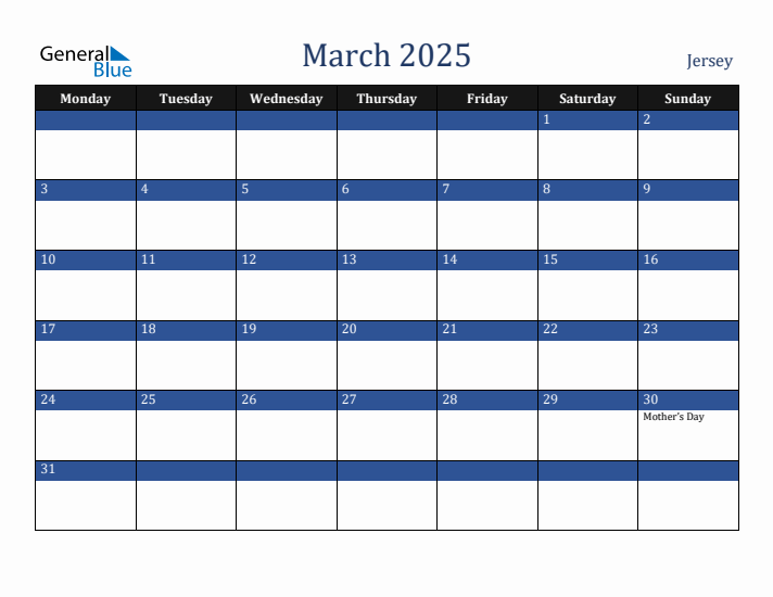 March 2025 Jersey Calendar (Monday Start)
