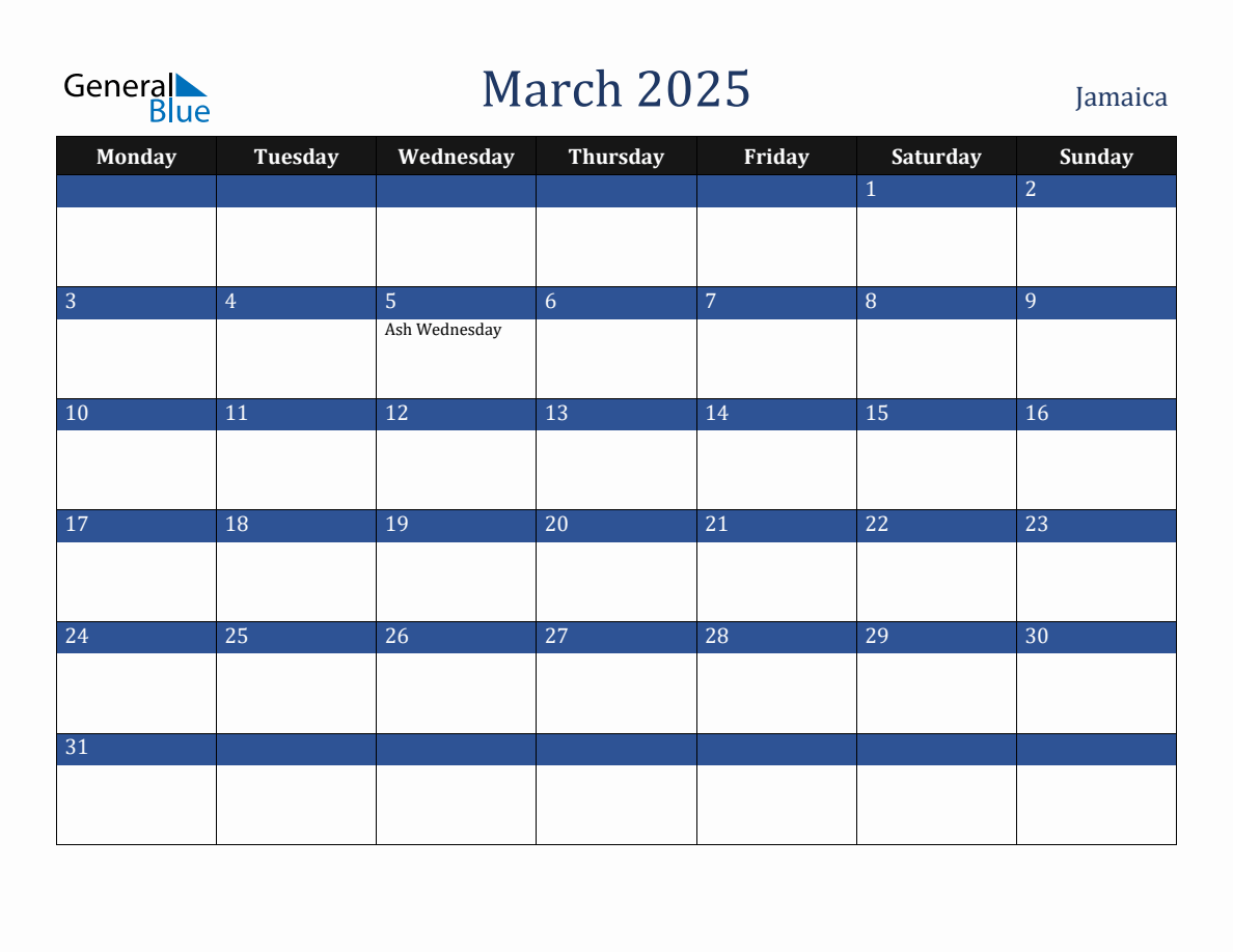 March 2025 Jamaica Holiday Calendar