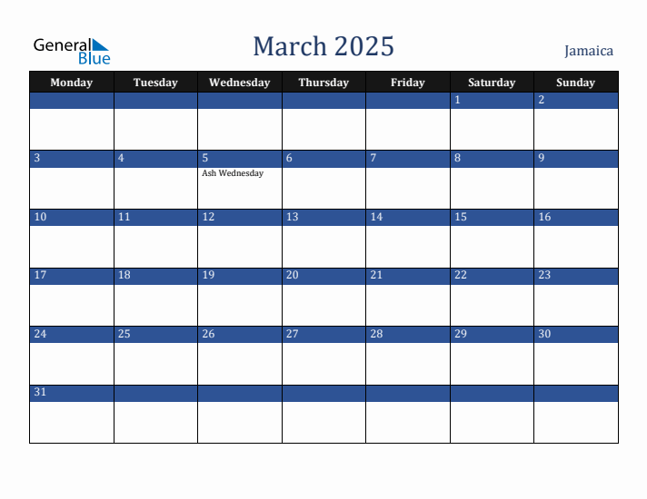 March 2025 Jamaica Calendar (Monday Start)