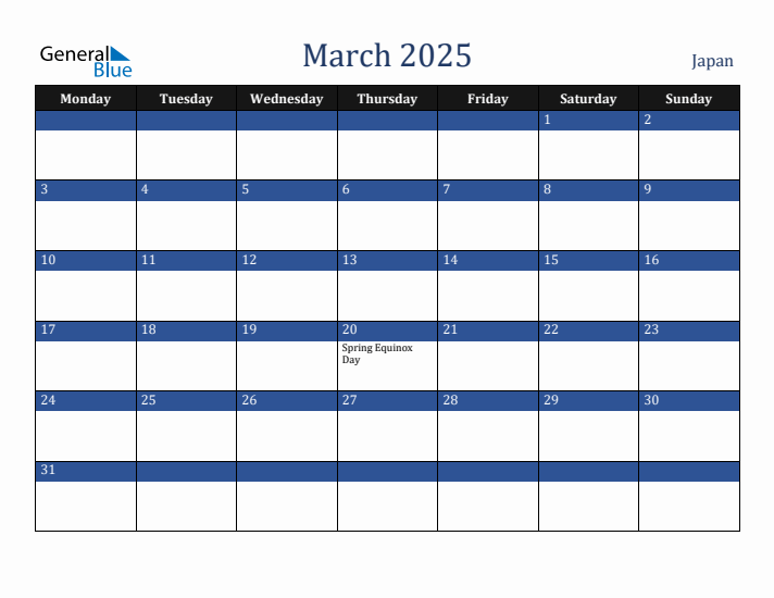 March 2025 Japan Calendar (Monday Start)