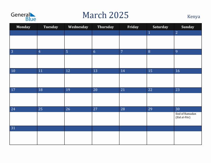 March 2025 Kenya Monthly Calendar with Holidays