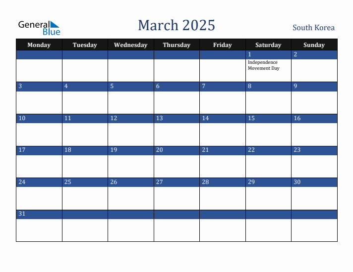 March 2025 South Korea Calendar (Monday Start)