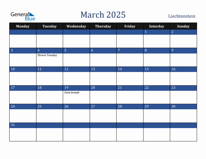 March 2025 Liechtenstein Calendar (Monday Start)