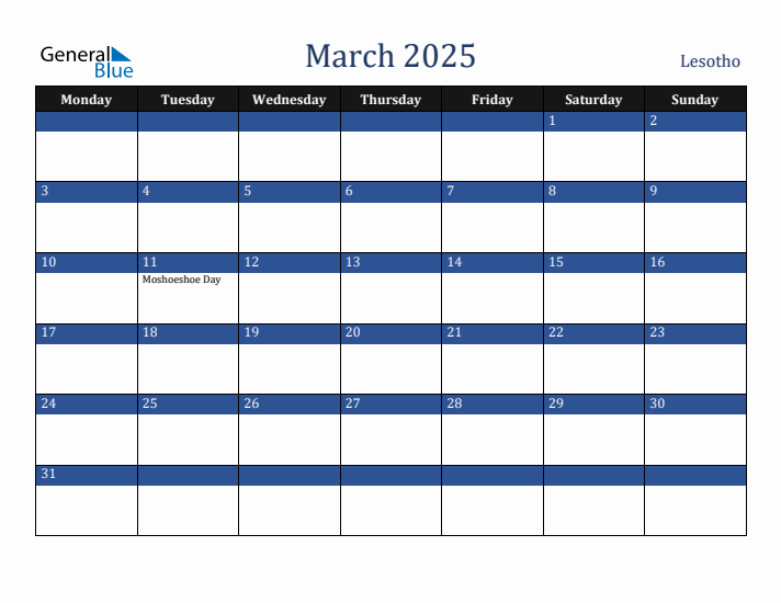 March 2025 Lesotho Calendar (Monday Start)