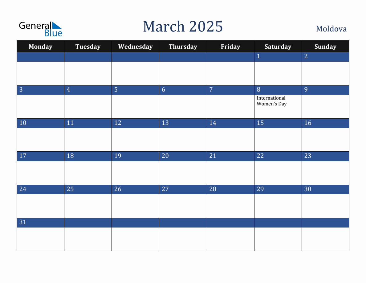 March 2025 Moldova Holiday Calendar