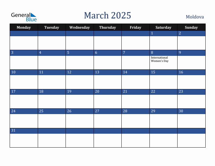March 2025 Moldova Calendar (Monday Start)