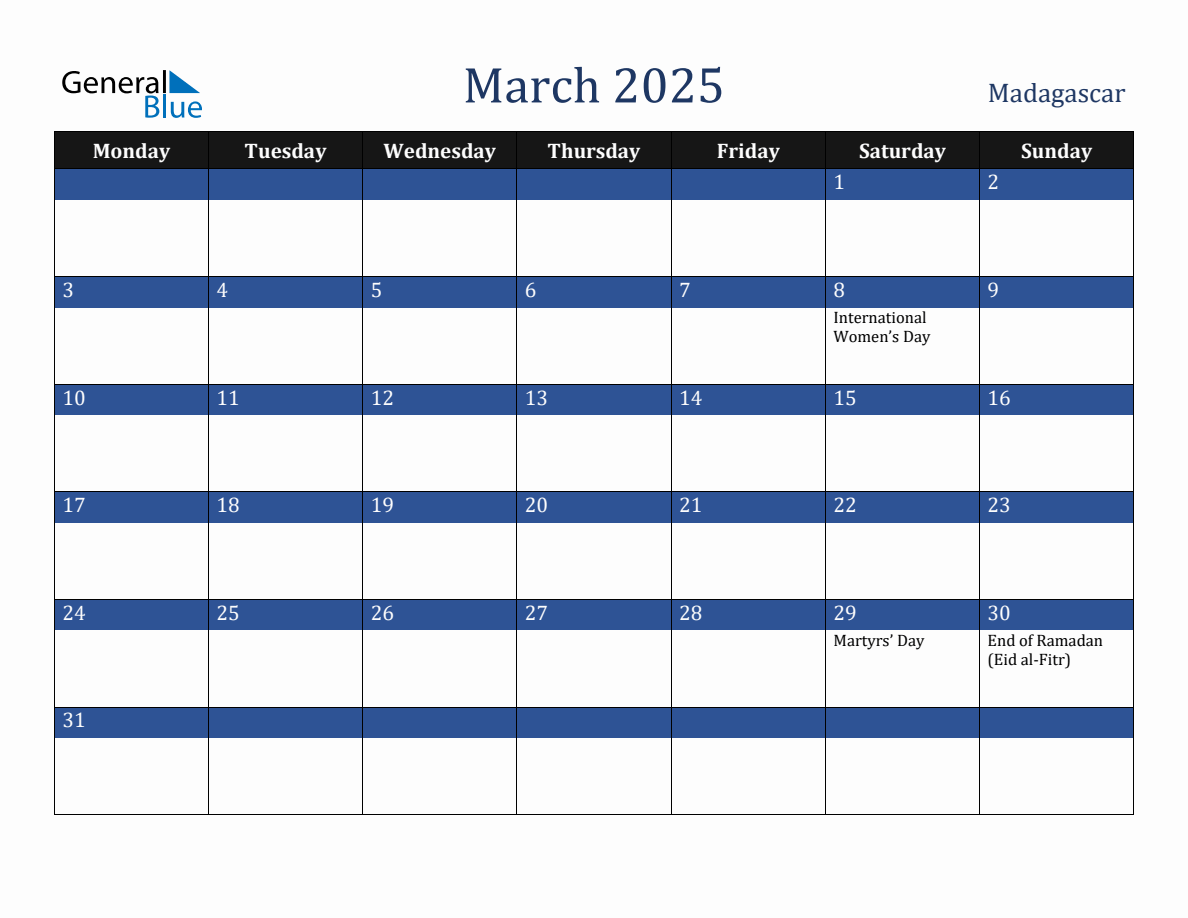 March 2025 Madagascar Holiday Calendar