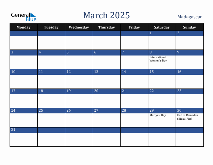 March 2025 Madagascar Calendar (Monday Start)