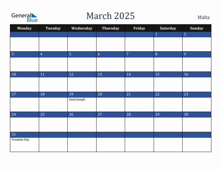 March 2025 Malta Calendar (Monday Start)
