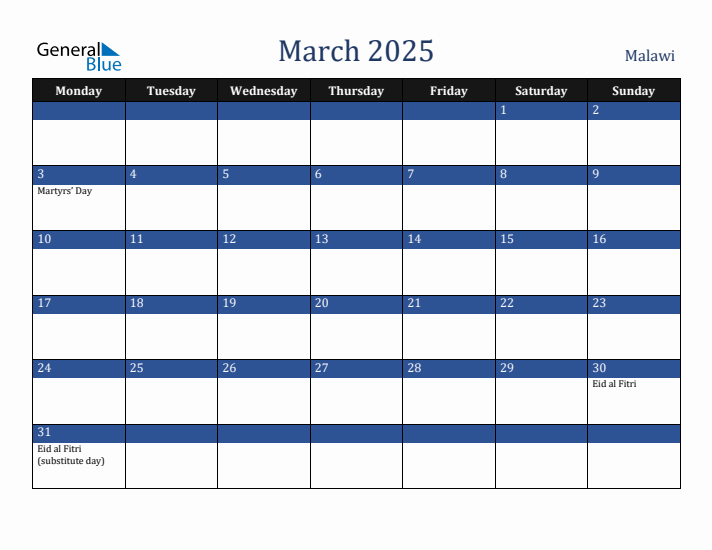 March 2025 Malawi Calendar (Monday Start)