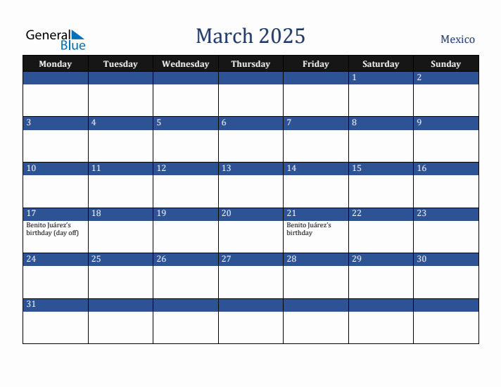 March 2025 Mexico Calendar (Monday Start)