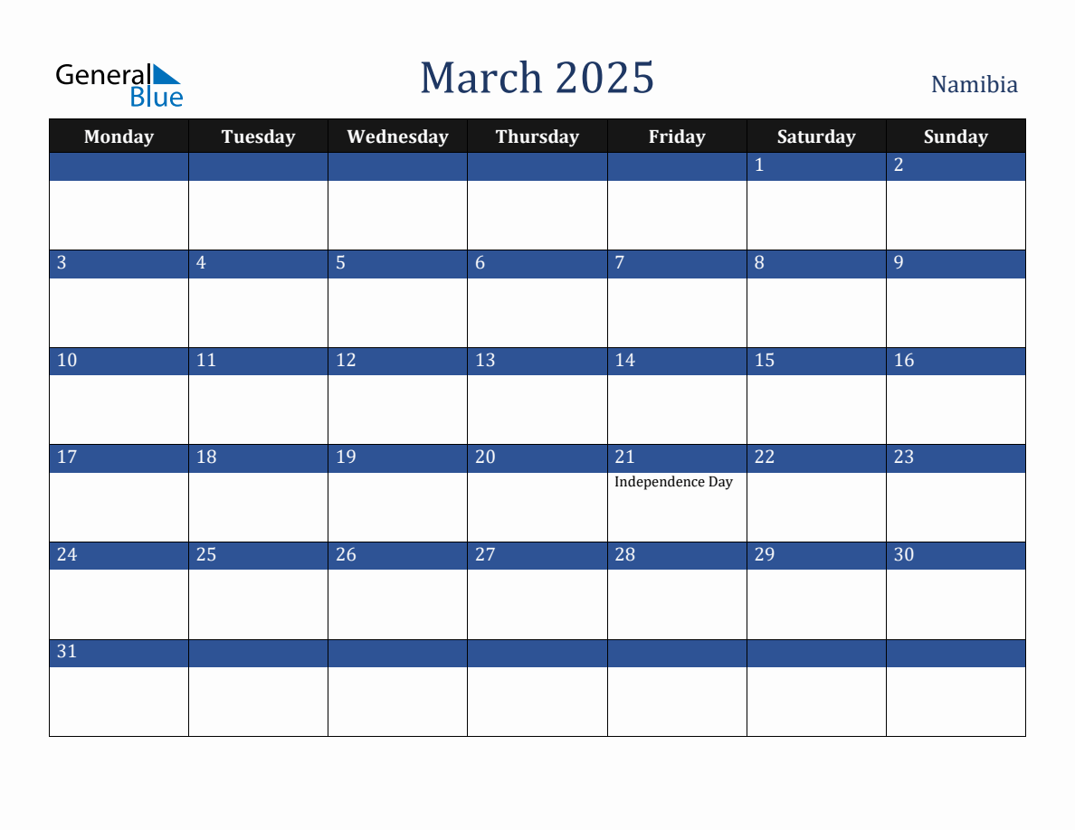 March 2025 Namibia Holiday Calendar