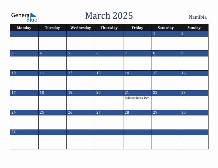 March 2025 Namibia Calendar (Monday Start)