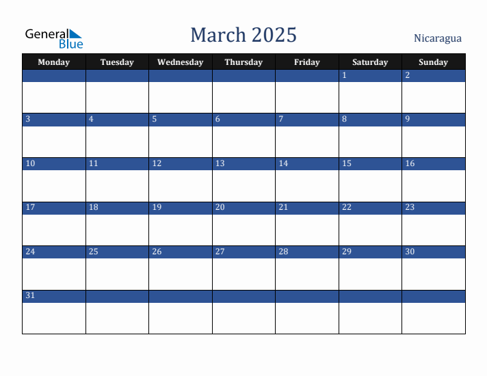 March 2025 Nicaragua Calendar (Monday Start)