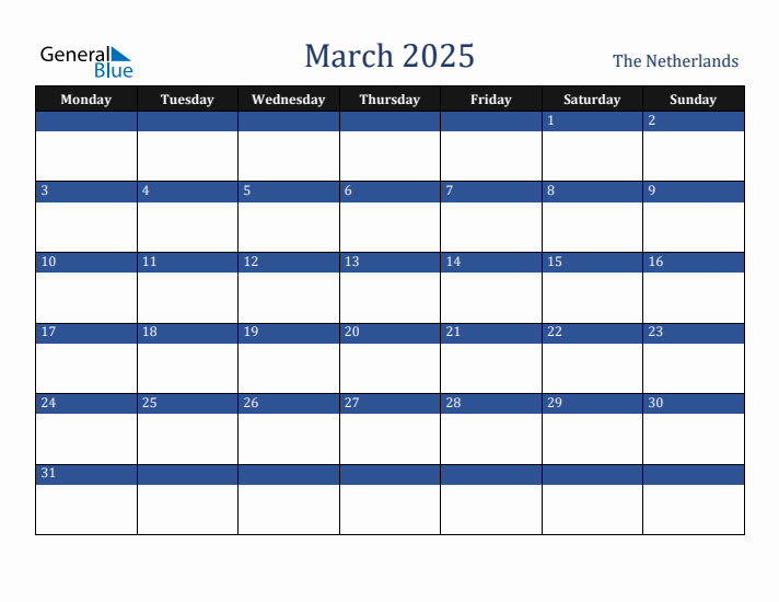 March 2025 The Netherlands Calendar (Monday Start)