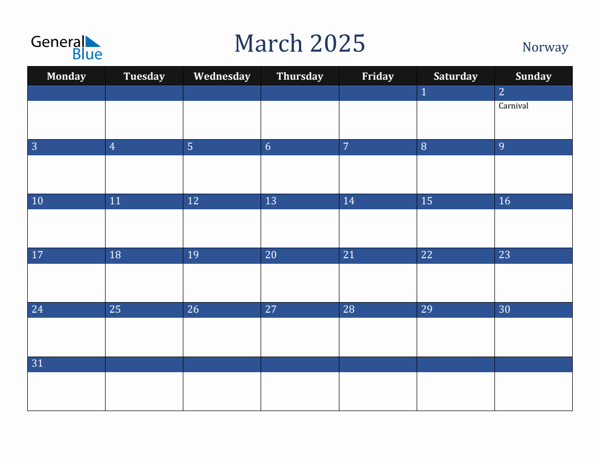 March 2025 Norway Holiday Calendar