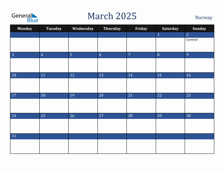 March 2025 Norway Calendar (Monday Start)