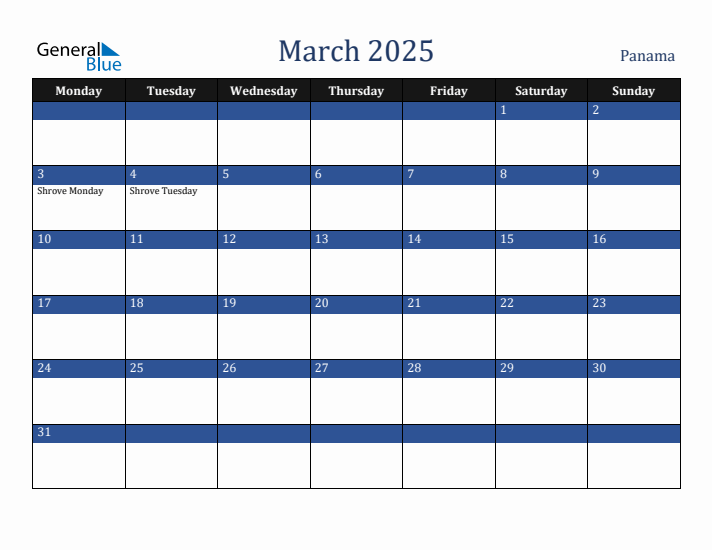 March 2025 Panama Calendar (Monday Start)