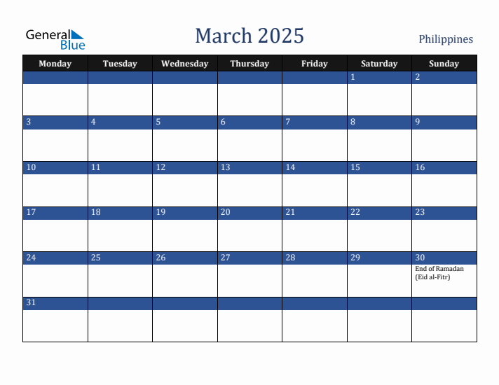 March 2025 Philippines Calendar (Monday Start)