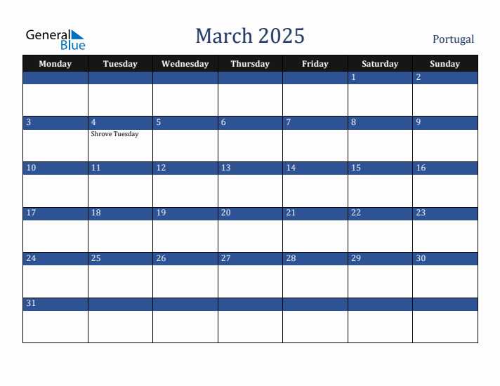 March 2025 Portugal Calendar (Monday Start)