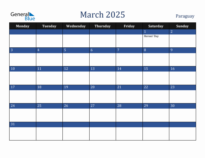 March 2025 Paraguay Calendar (Monday Start)