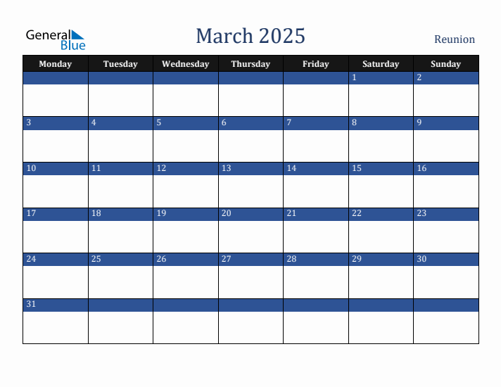 March 2025 Reunion Calendar (Monday Start)