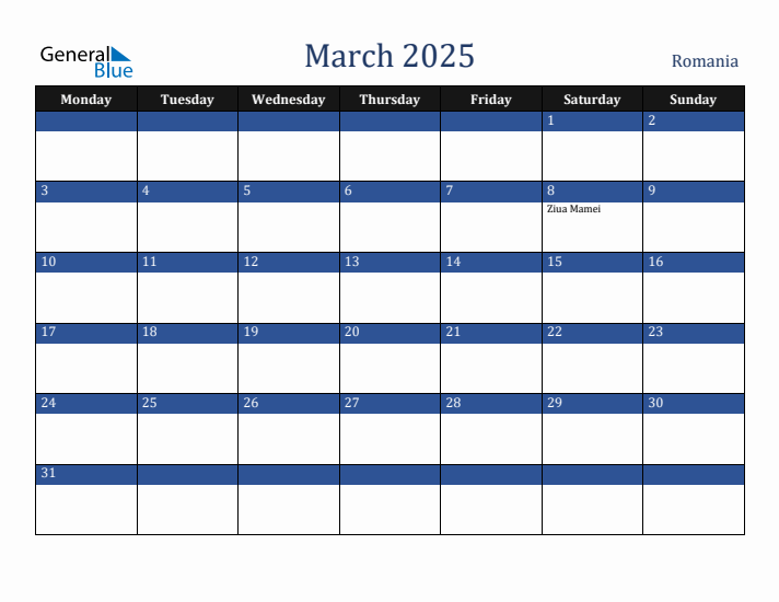 March 2025 Romania Calendar (Monday Start)