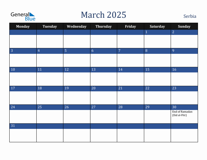 March 2025 Serbia Calendar (Monday Start)