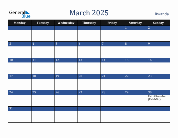March 2025 Rwanda Calendar (Monday Start)