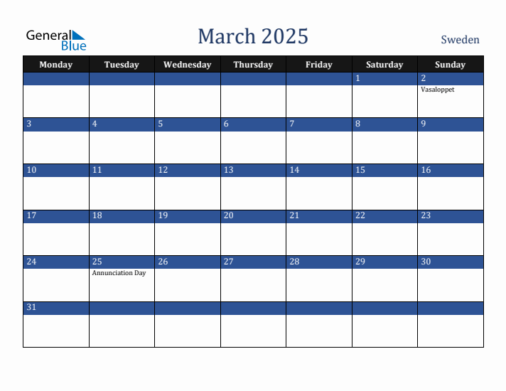 March 2025 Sweden Calendar (Monday Start)