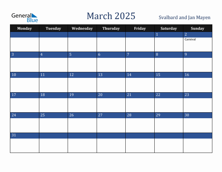 March 2025 Svalbard and Jan Mayen Calendar (Monday Start)