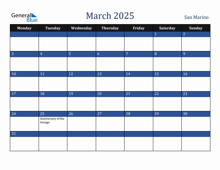 March 2025 San Marino Calendar (Monday Start)