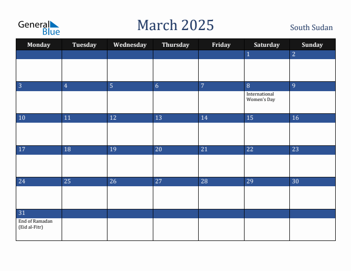 March 2025 South Sudan Calendar (Monday Start)