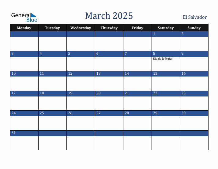 March 2025 El Salvador Calendar (Monday Start)