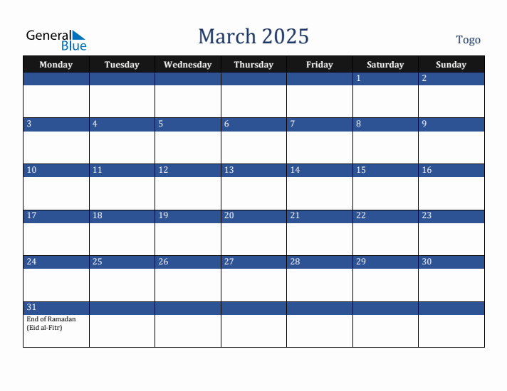 March 2025 Togo Calendar (Monday Start)