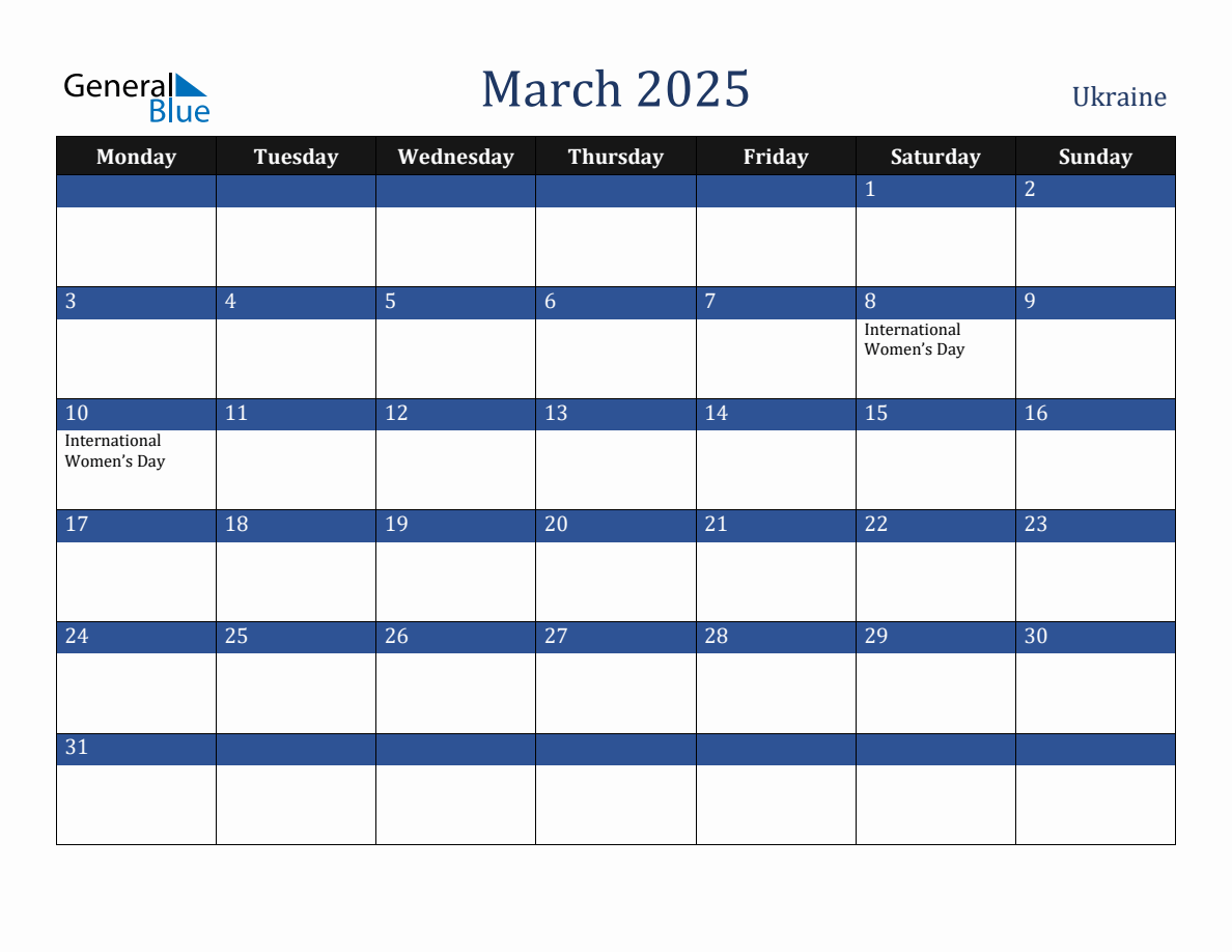 March 2025 Ukraine Holiday Calendar