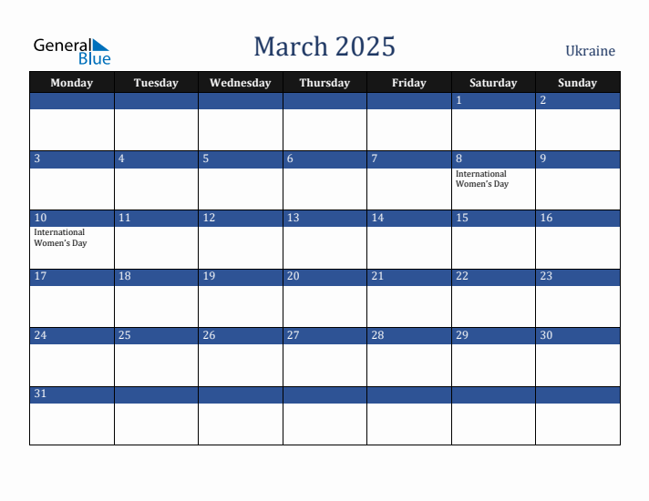 March 2025 Ukraine Calendar (Monday Start)