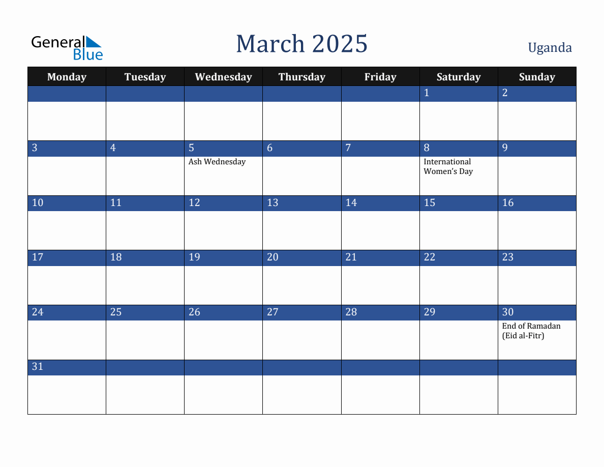 Calendar 2025 With Holidays Uganda 