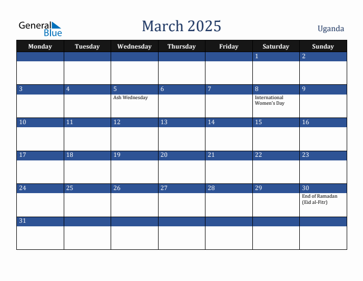 March 2025 Uganda Calendar (Monday Start)