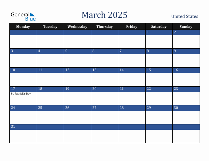 March 2025 United States Calendar (Monday Start)
