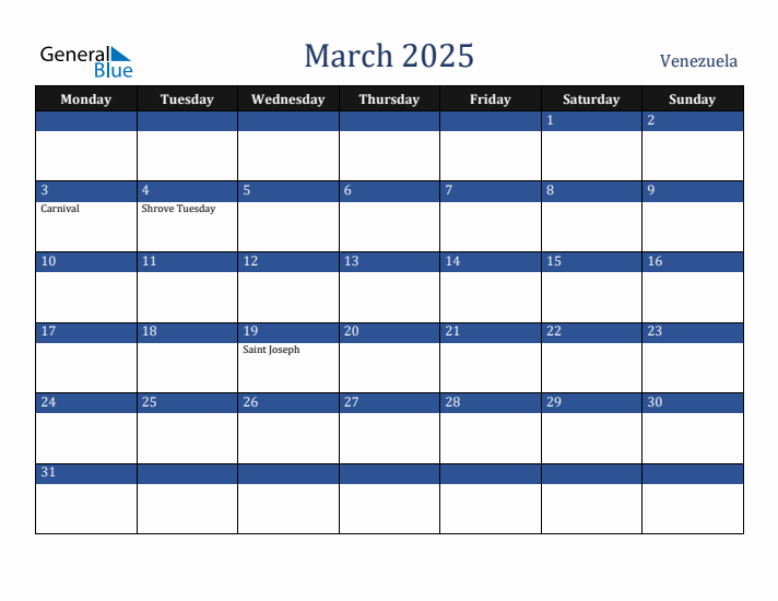 March 2025 Venezuela Calendar (Monday Start)