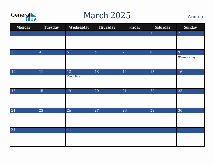 March 2025 Zambia Calendar (Monday Start)