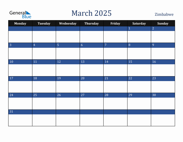 March 2025 Zimbabwe Calendar (Monday Start)