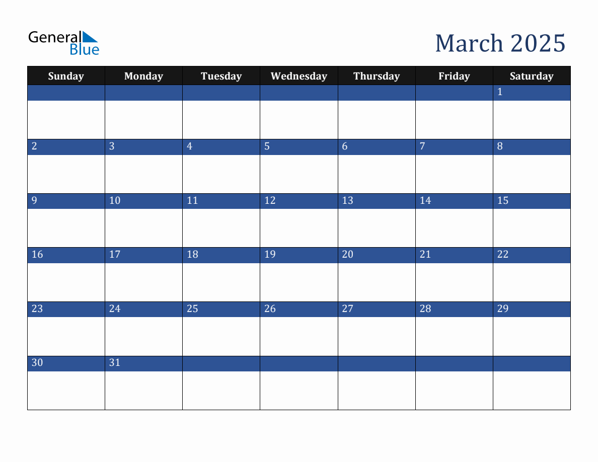 March 2025 Downloadable Sunday Start Calendar