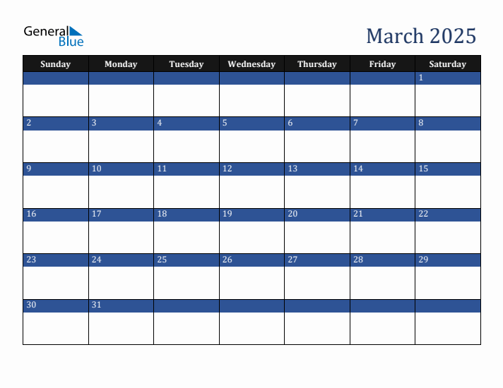 Sunday Start Calendar for March 2025