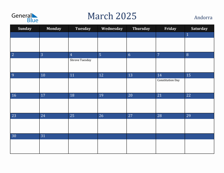 March 2025 Andorra Calendar (Sunday Start)