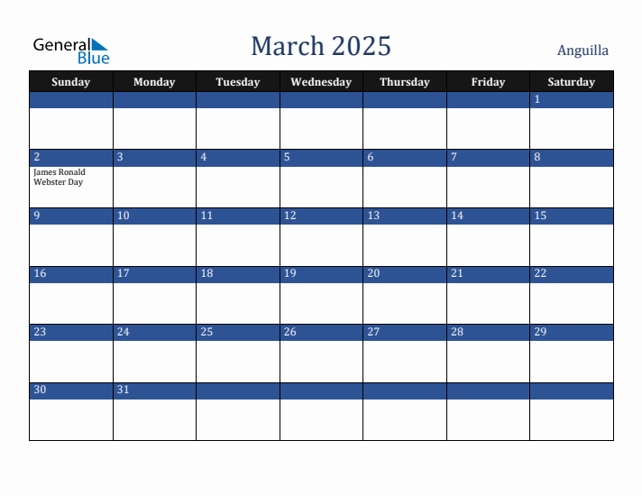 March 2025 Anguilla Calendar (Sunday Start)