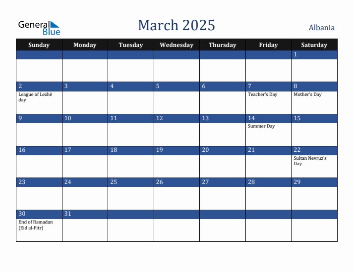 March 2025 Albania Calendar (Sunday Start)