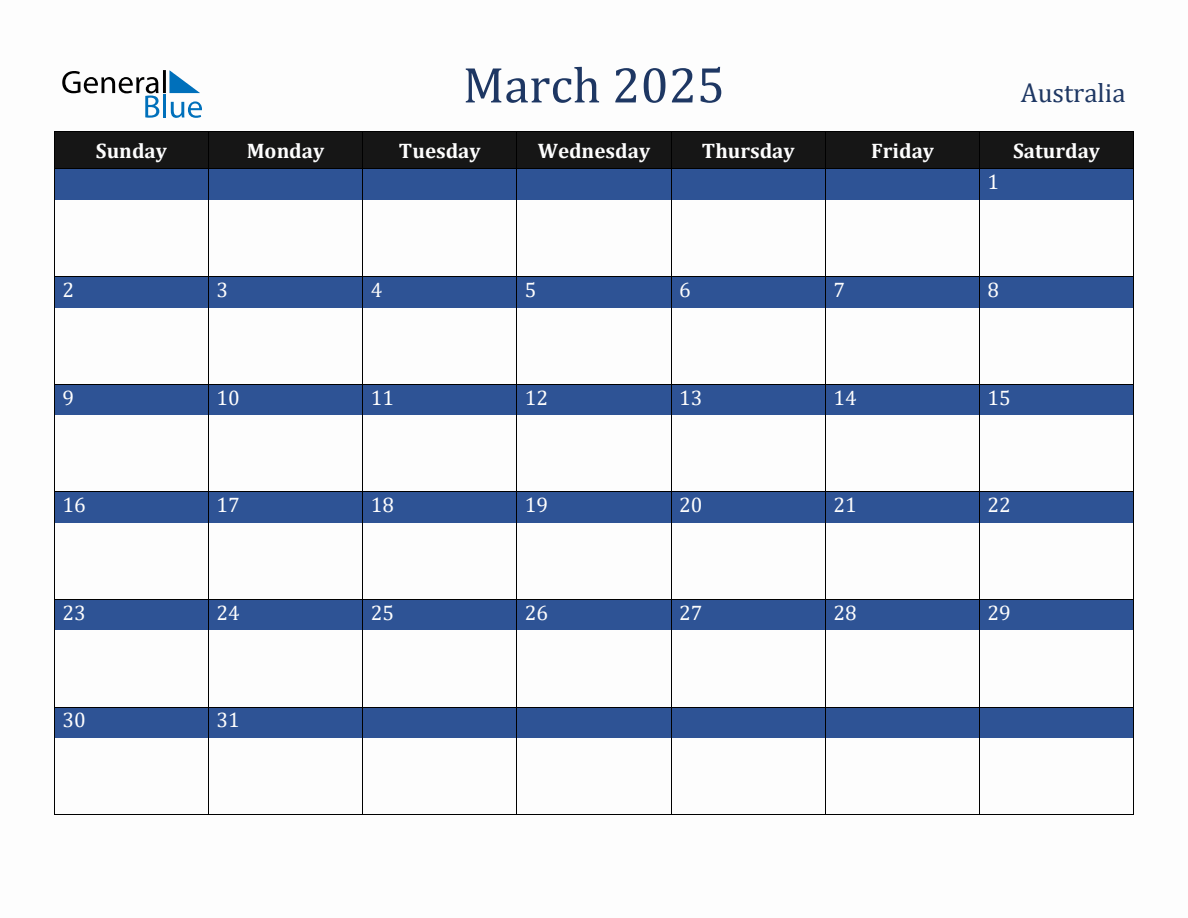 March 2025 Australia Holiday Calendar